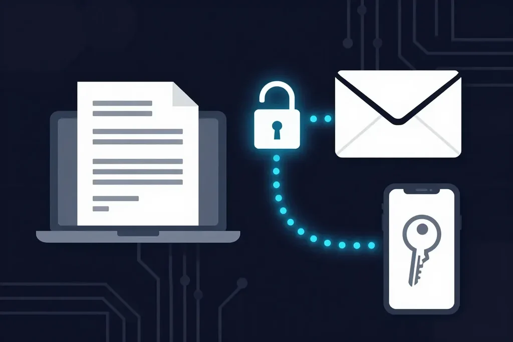 A document sent from a laptop over a blue padlocked link to an email, with the passphrase sent separately to a phone