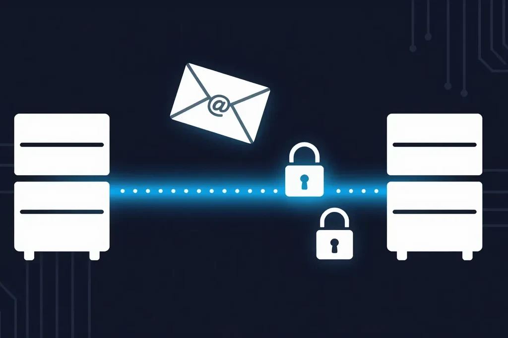 An email travelling between two mail servers on a glowing blue encrypted path, with one padlock locked and one unlocked, illustrating how email security depends on each server hop