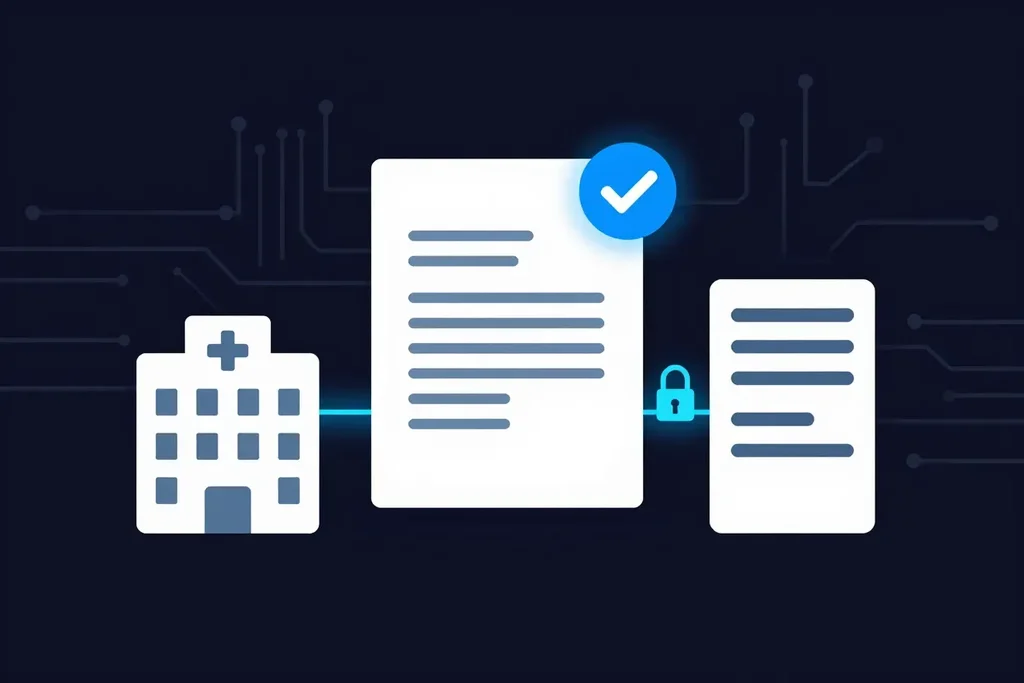 A signed agreement with a blue checkmark between a clinic and a service provider, joined by a padlocked line, illustrating a HIPAA business associate agreement