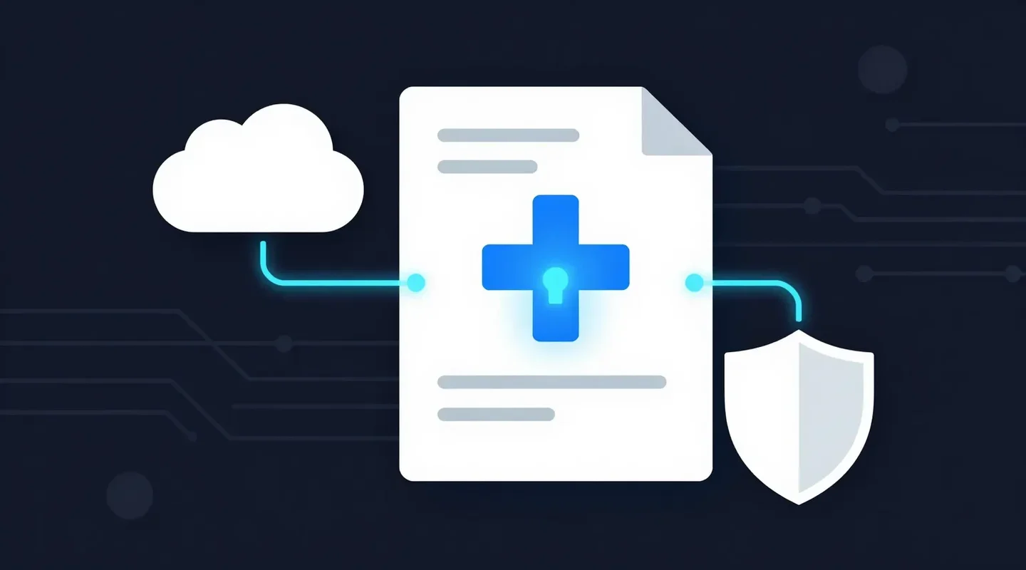 A white medical document with a glowing blue cross and keyhole, linked to a cloud and a shield, illustrating HIPAA compliant file sharing
