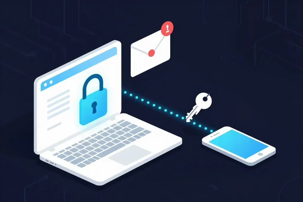 A laptop with a blue padlock sending a file while the key travels separately to a phone, illustrating secure file transfer with a passphrase shared by another channel