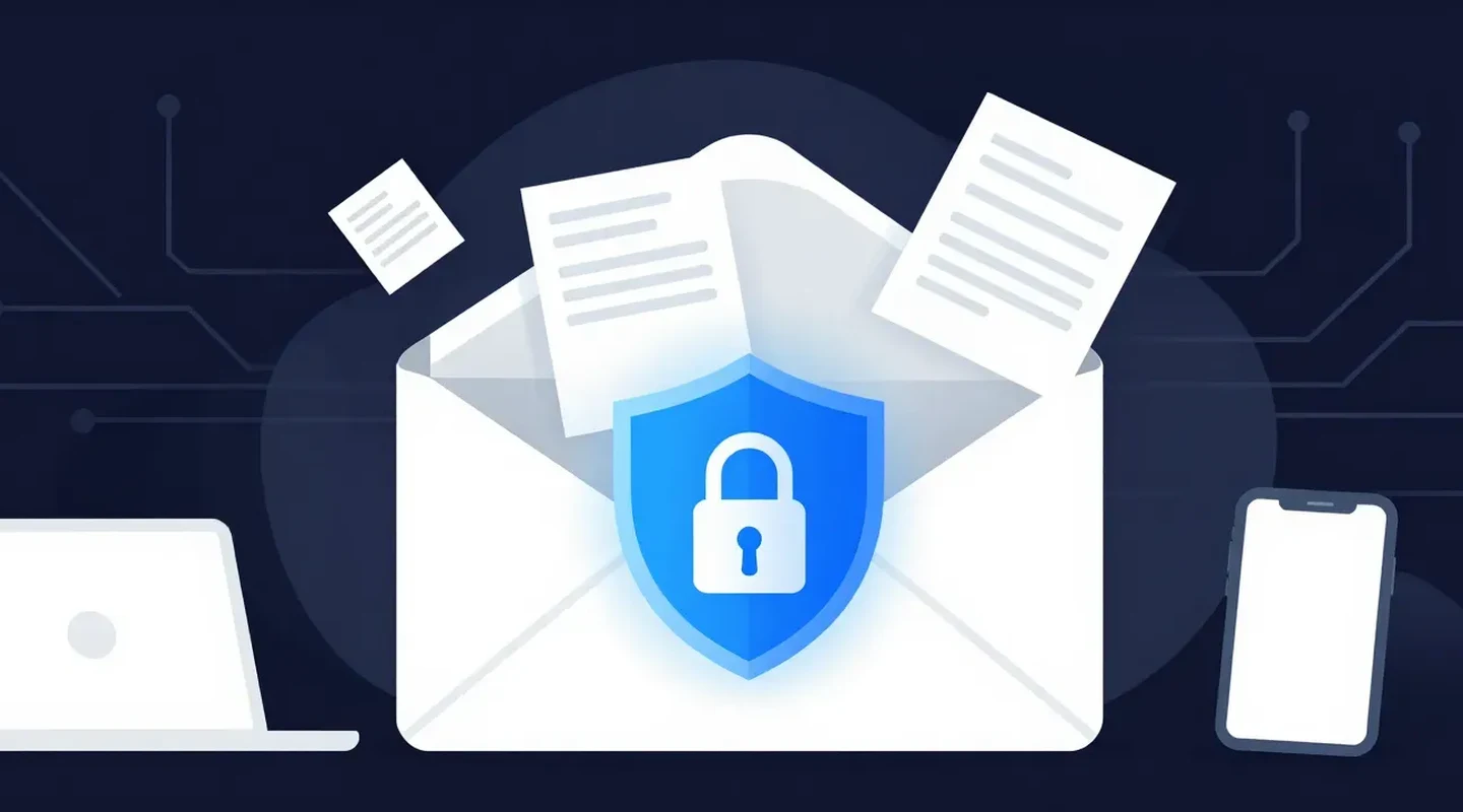 A white envelope with a glowing blue shield and padlock between a laptop and a phone, illustrating the question is email secure