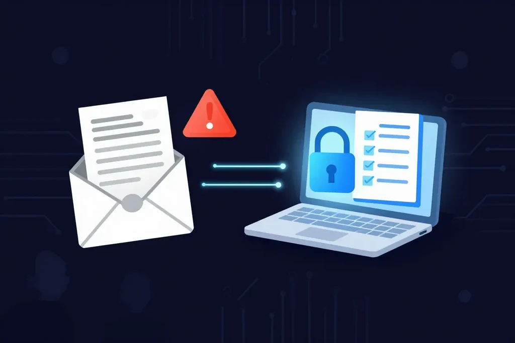 An email with a document and a red warning sign beside a laptop with a padlock and checklist, showing a confidentiality incident and the incident register under Law 25