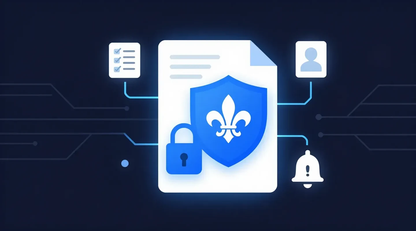 A white document with a blue shield bearing a fleur-de-lis and a padlock, linked to checklist, profile and alert icons, illustrating Quebec Law 25 privacy obligations
