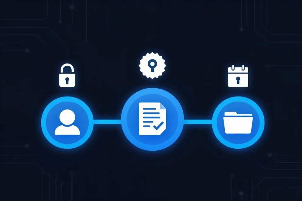 Three glowing blue milestones on a timeline with a person, a checked document and a folder, showing the three phases of Quebec Law 25 from 2022 to 2024