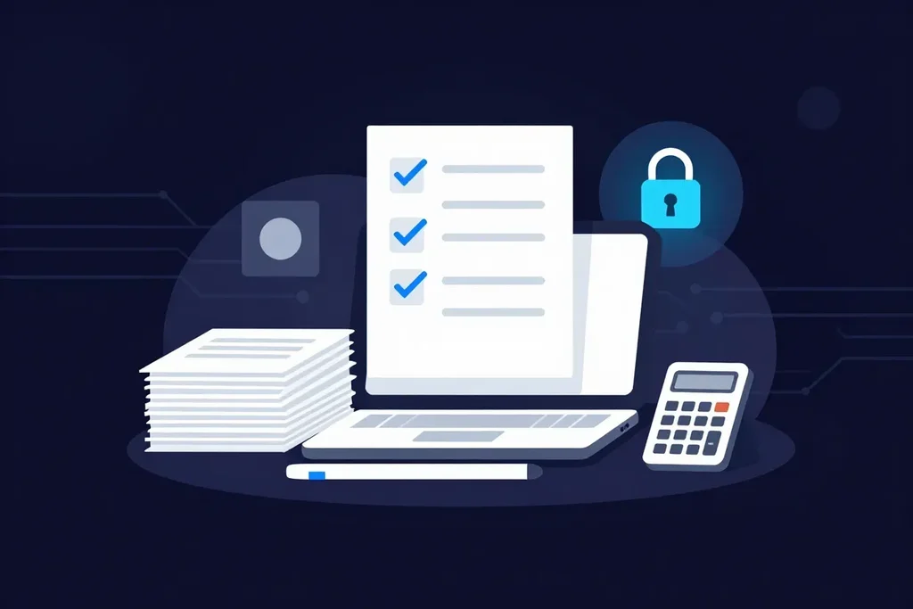 A laptop with a checklist, a stack of tax documents, a calculator and a blue padlock, illustrating how accountants compare ShareFile alternatives