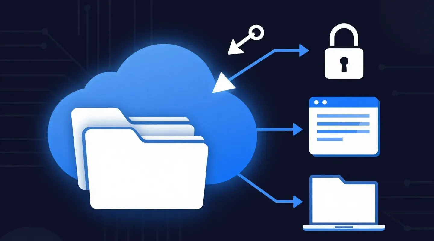 A glowing blue cloud of folders branching to a secure link, a client portal and a shared folder, illustrating ShareFile alternatives