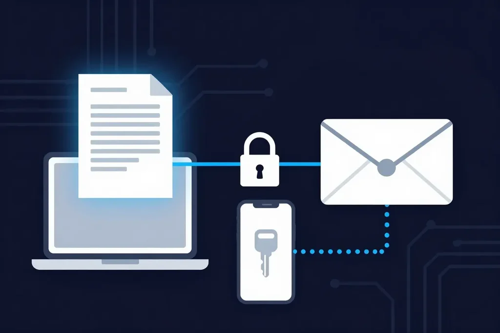 A document sent from a laptop over a blue padlocked link to an email, with the passphrase shared separately by phone