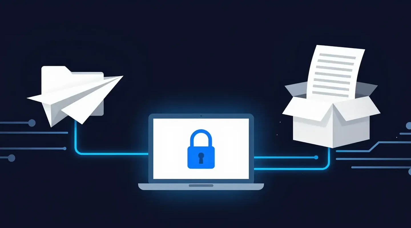 A paper plane carrying a folder and an open box with a document, both linked by glowing blue lines to a laptop with a padlock, illustrating WeTransfer vs Dropbox Transfer