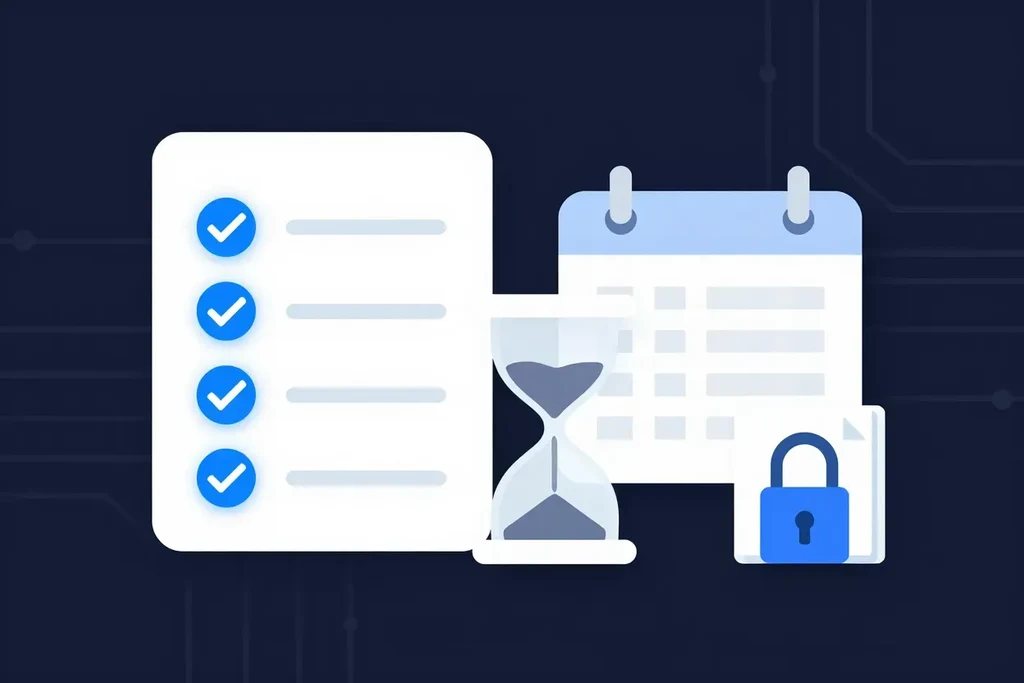A checklist with blue check marks beside an hourglass, a calendar and a locked document, illustrating transfer size limits and expiry dates