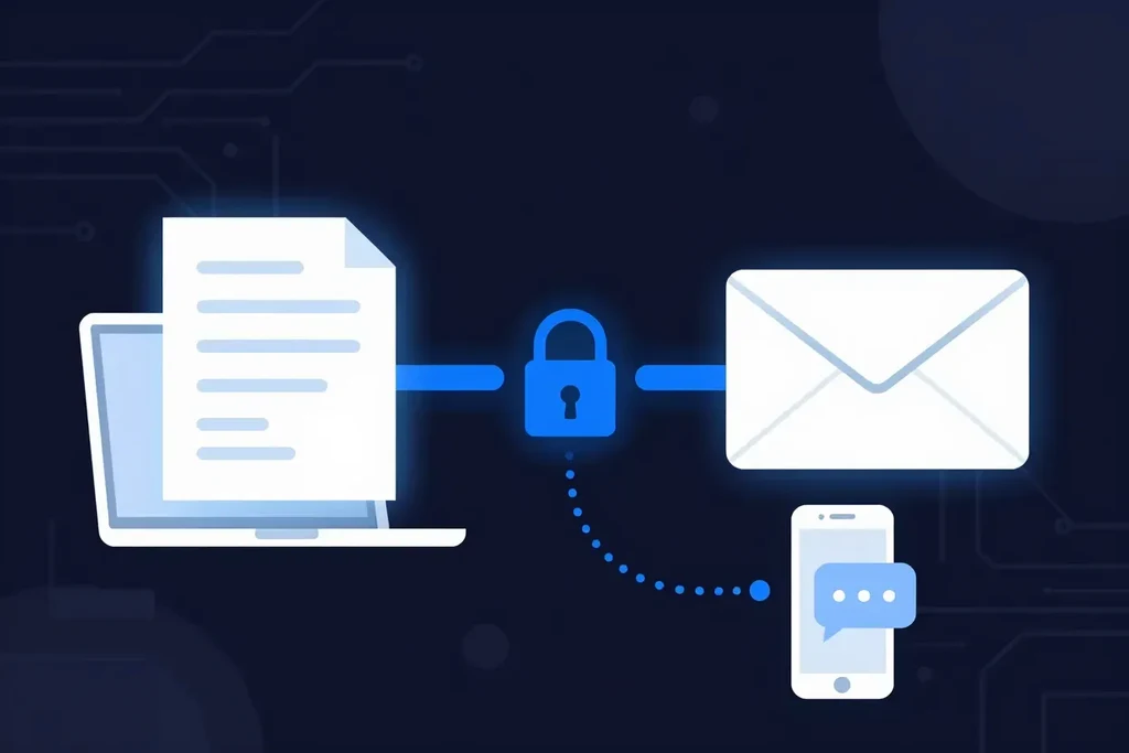 A document sent from a laptop over a blue padlocked link to an email, with the passphrase sent separately to a phone