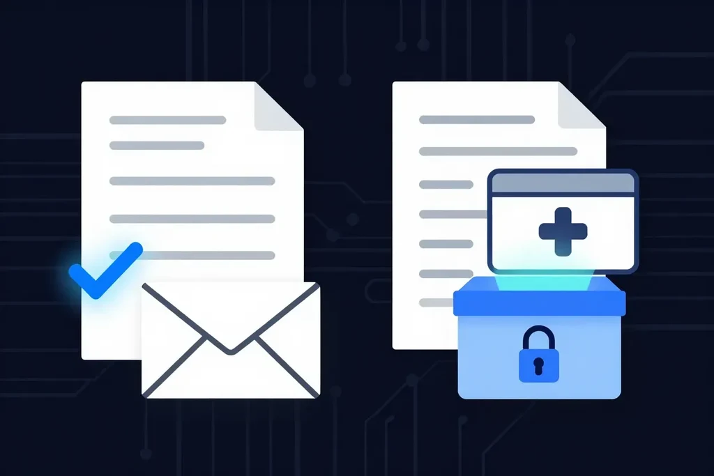 An ordinary document with a blue check mark next to an envelope, and a health record going into a locked blue box, illustrating what is safe to send by email and what needs a secure channel